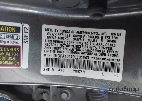 2009 Honda Civic Lx z USA, uszkodzony, nr VIN 1HGFA16579L004043